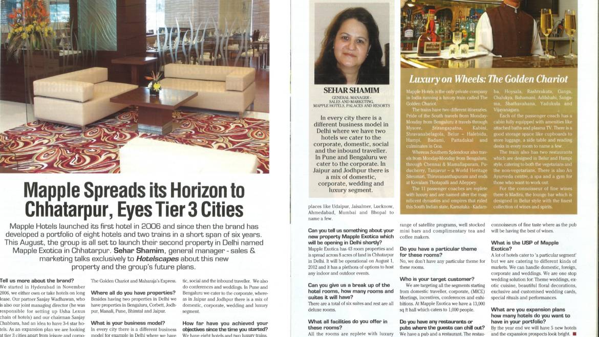 INTERVIEW OF SEHAR SHAMIM, GM The Mapple HOTELS, PALACES AND RESORTS for Hotel Scapes Magazine