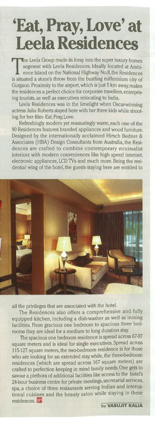 Leela Residences coverage for Go Now Magazine